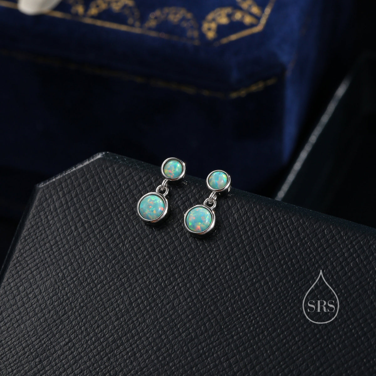 Double Opal Dangle Earrings in Sterling Silver, Silver or Gold, Lab Opal Bezel Earrings, Two Opal Earrings, Aqua Blue Opal