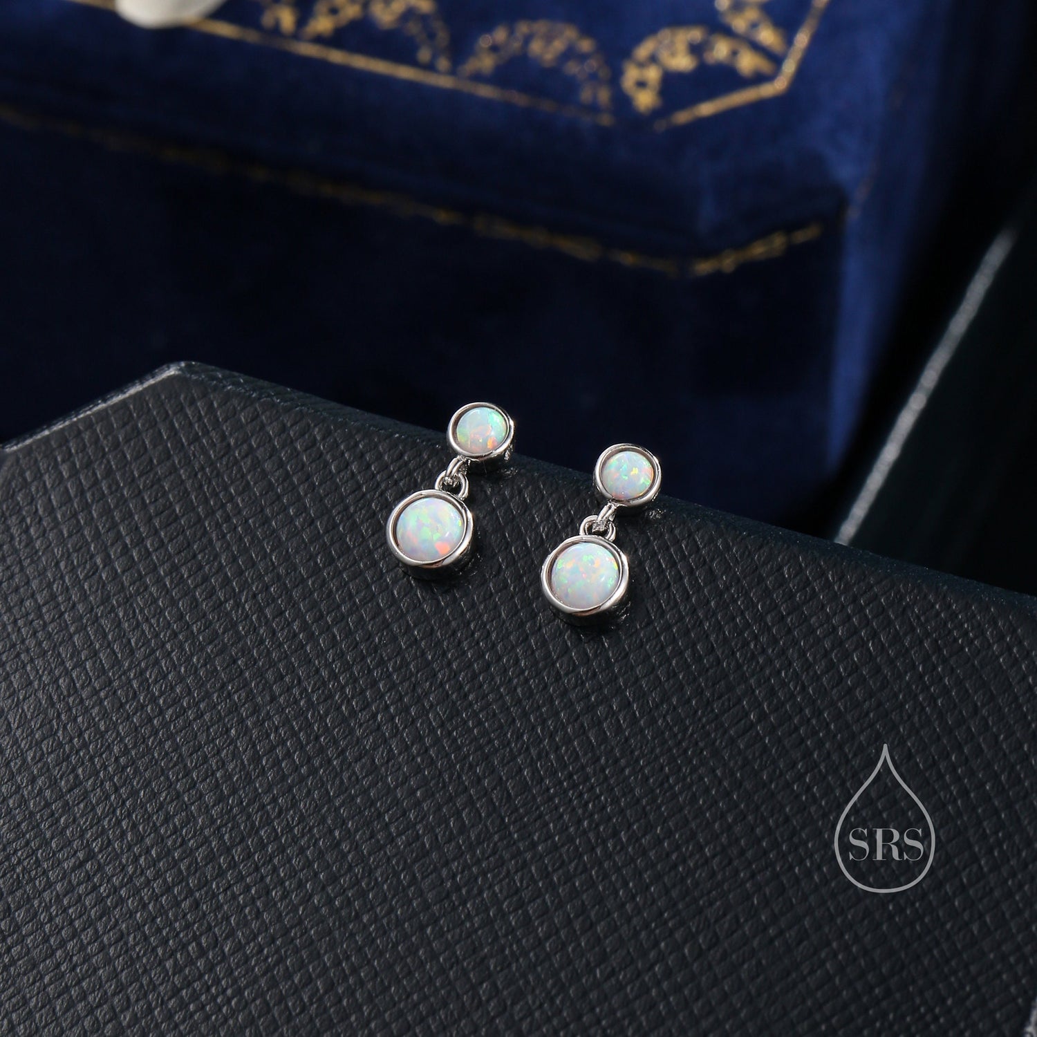 Double White Opal Dangle Earrings in Sterling Silver, Silver or Gold, Lab Opal Bezel Earrings, Two Opal Earrings, Fire Opal