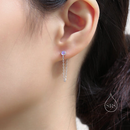 Moonstone and Chain Ear Jacket in Sterling Silver,  Silver or Gold, Lab Moonstone Bezel Earrings, Front and Back Earrings