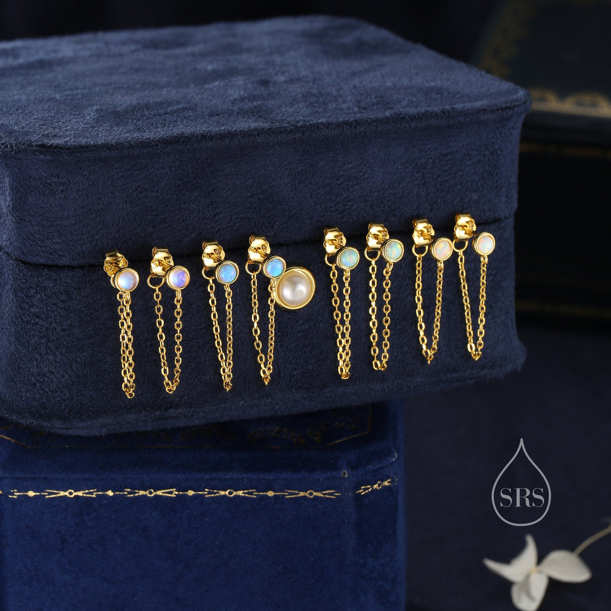 White Opal and Chain Ear Jacket in Sterling Silver, Silver or Gold, Blue Lab Opal Bezel Earrings, Front and Back Earrings