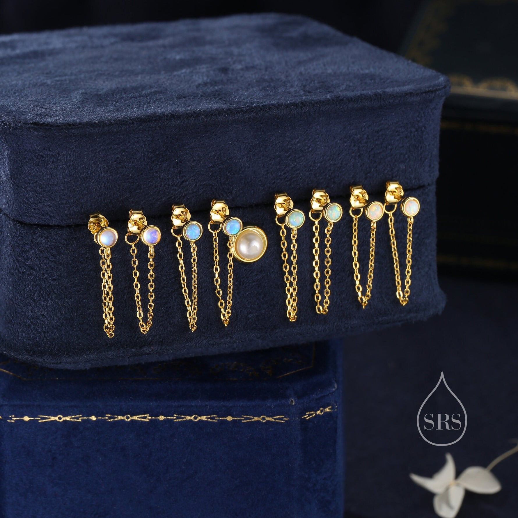White Opal and Chain Ear Jacket in Sterling Silver, Silver or Gold, Blue Lab Opal Bezel Earrings, Front and Back Earrings