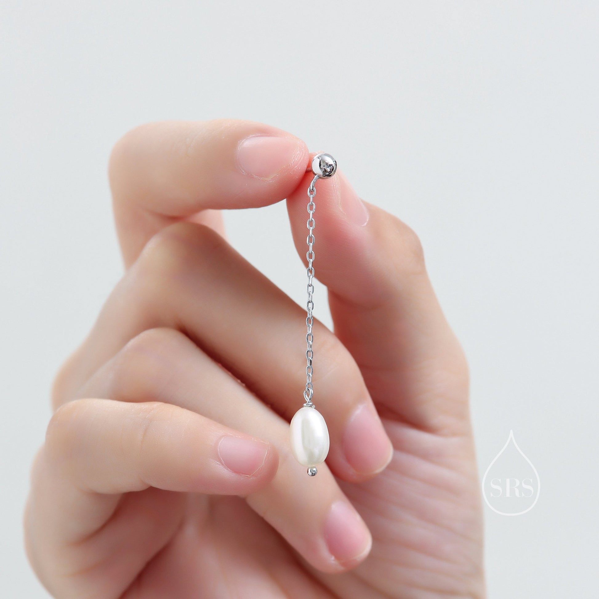 Sale! Genuine Freshwater Pearl Long Drop Earrings in Sterling Silver, Delicate Keshi Pearl Earrings, Pearl Stud Dangle Earrings