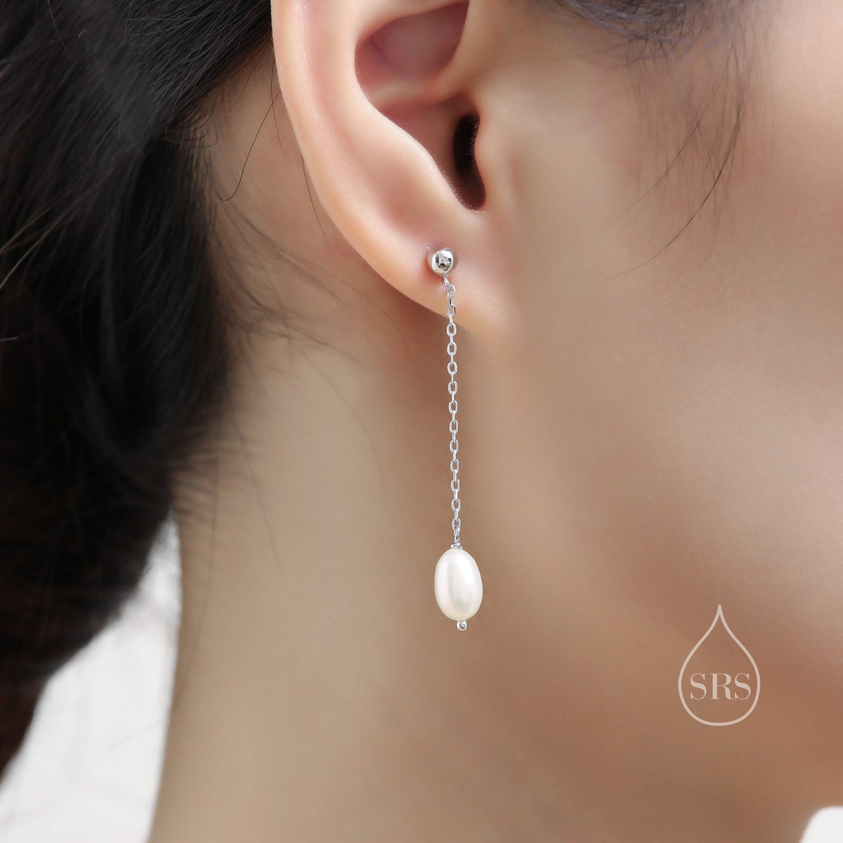 Sale! Genuine Freshwater Pearl Long Drop Earrings in Sterling Silver, Delicate Keshi Pearl Earrings, Pearl Stud Dangle Earrings