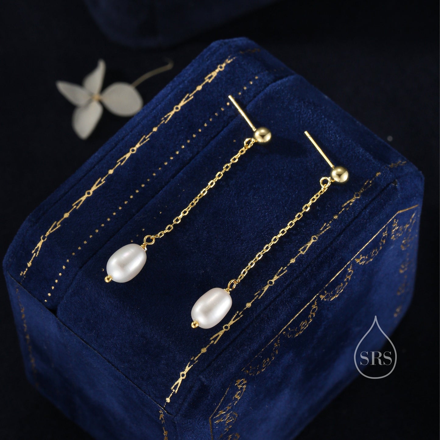 Sale! Genuine Freshwater Pearl Long Drop Earrings in Sterling Silver, Delicate Keshi Pearl Earrings, Pearl Stud Dangle Earrings