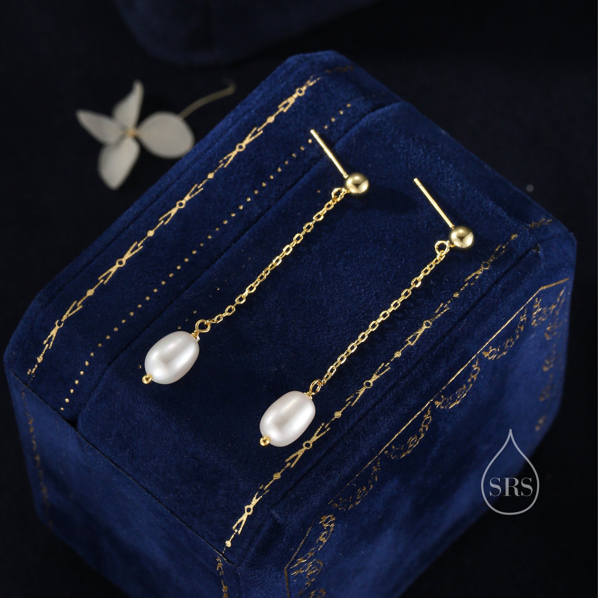 Sale! Genuine Freshwater Pearl Long Drop Earrings in Sterling Silver, Delicate Keshi Pearl Earrings, Pearl Stud Dangle Earrings