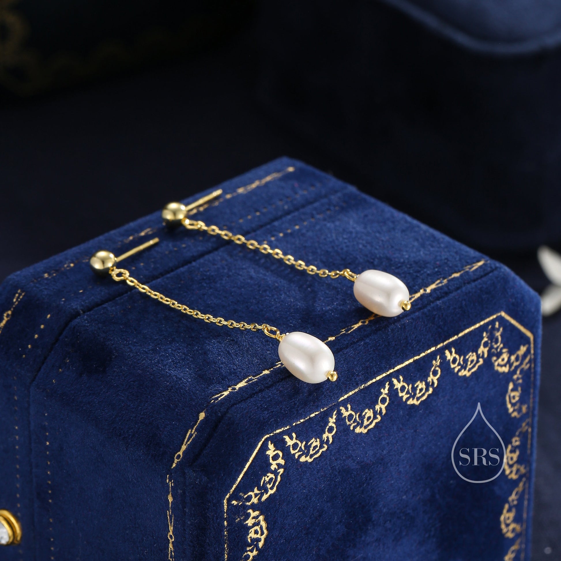 Sale! Genuine Freshwater Pearl Long Drop Earrings in Sterling Silver, Delicate Keshi Pearl Earrings, Pearl Stud Dangle Earrings