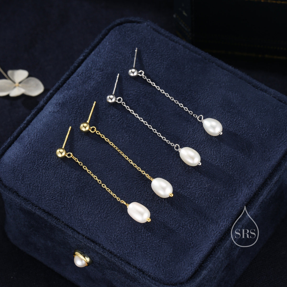 Sale! Genuine Freshwater Pearl Long Drop Earrings in Sterling Silver, Delicate Keshi Pearl Earrings, Pearl Stud Dangle Earrings