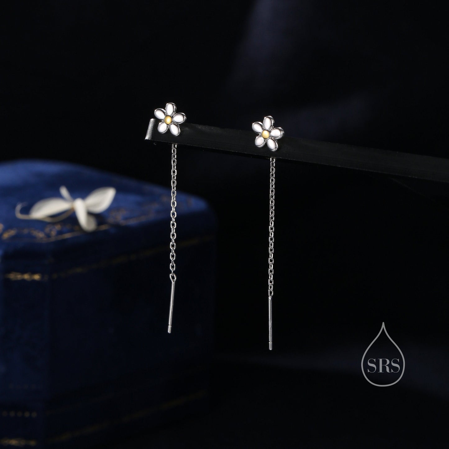 Sterling Silver Tiny Forget Me Not Flower Ear Threaders, Two Tone Flower Threader Earrings, Daily Dangle Earrings, Daisy Earrings