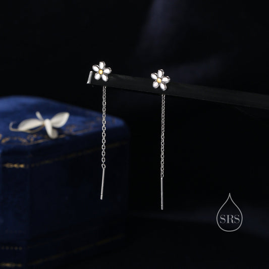 Sterling Silver Tiny Forget Me Not Flower Ear Threaders, Two Tone Flower Threader Earrings, Daily Dangle Earrings, Daisy Earrings