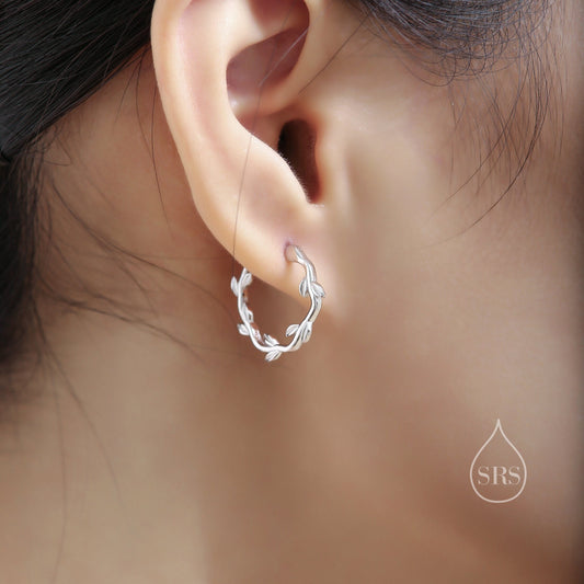 Sterling Silver Dainty Olive Leaf Hoop Earrings, Delicate Olive Leaf Wreath Hoops, Olive Branch Thread Through Hoops, Large Leaf Hoops