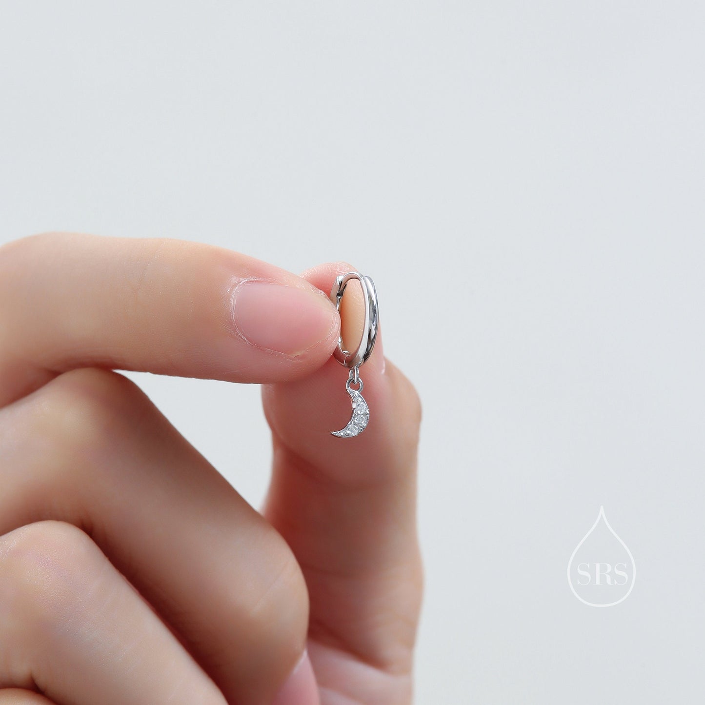 Moon and Star CZ Dangle Huggie Hoop Earrings in Sterling Silver, Silver or Gold or Rose Gold, CZ Moon and Star Skinny Hoops