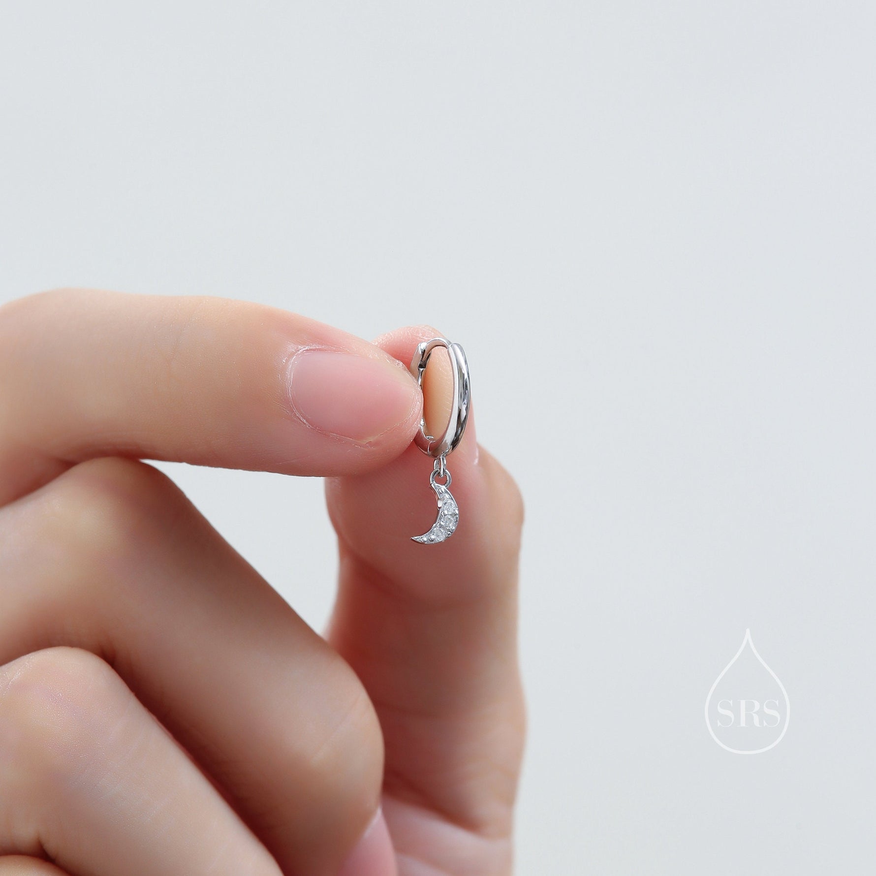 Moon and Star CZ Dangle Huggie Hoop Earrings in Sterling Silver, Silver or Gold or Rose Gold, CZ Moon and Star Skinny Hoops