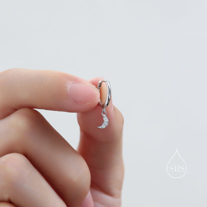 Moon and Star CZ Dangle Huggie Hoop Earrings in Sterling Silver, Silver or Gold or Rose Gold, CZ Moon and Star Skinny Hoops