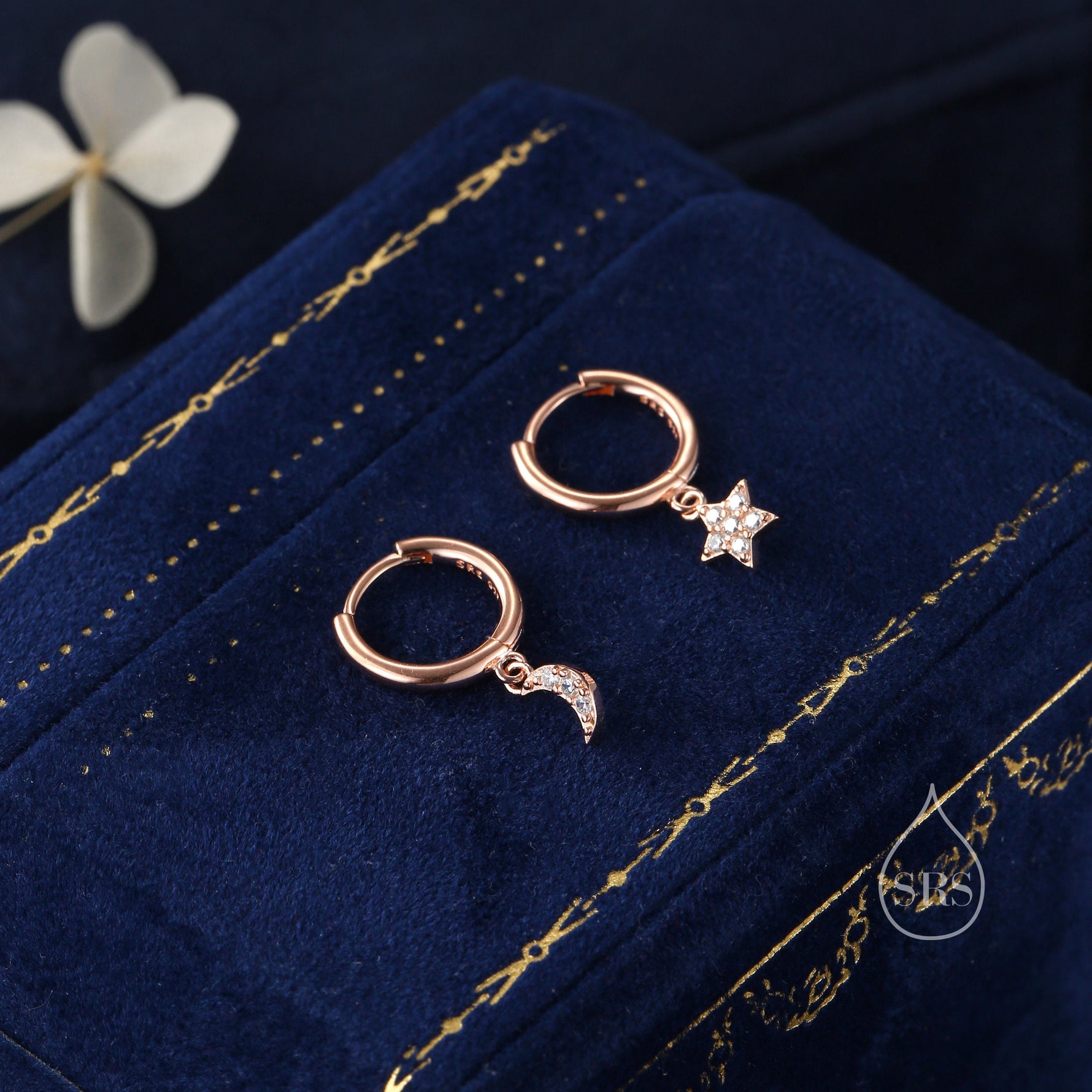 Moon and Star CZ Dangle Huggie Hoop Earrings in Sterling Silver, Silver or Gold or Rose Gold, CZ Moon and Star Skinny Hoops