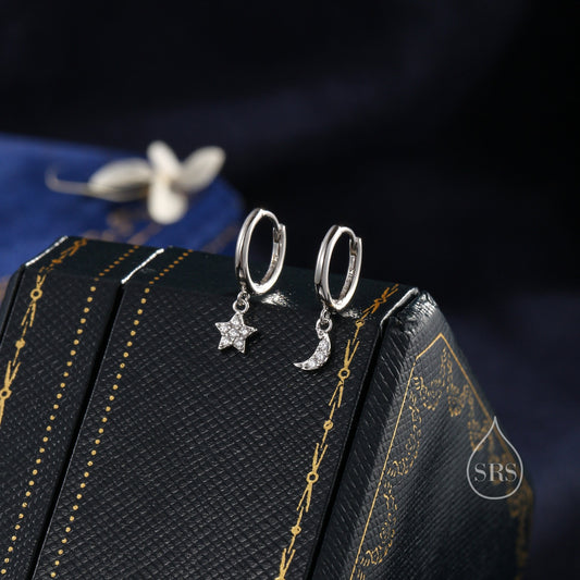 Moon and Star CZ Dangle Huggie Hoop Earrings in Sterling Silver, Silver or Gold or Rose Gold, CZ Moon and Star Skinny Hoops