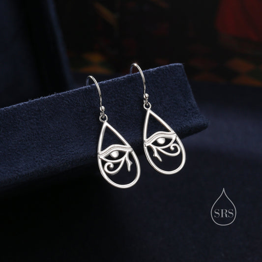 Eye of Horus Drop Hook Earrings in Sterling Silver, Silver or Gold, Ancient Egypt Inspired Earrings, Egyptian Eye Earrings