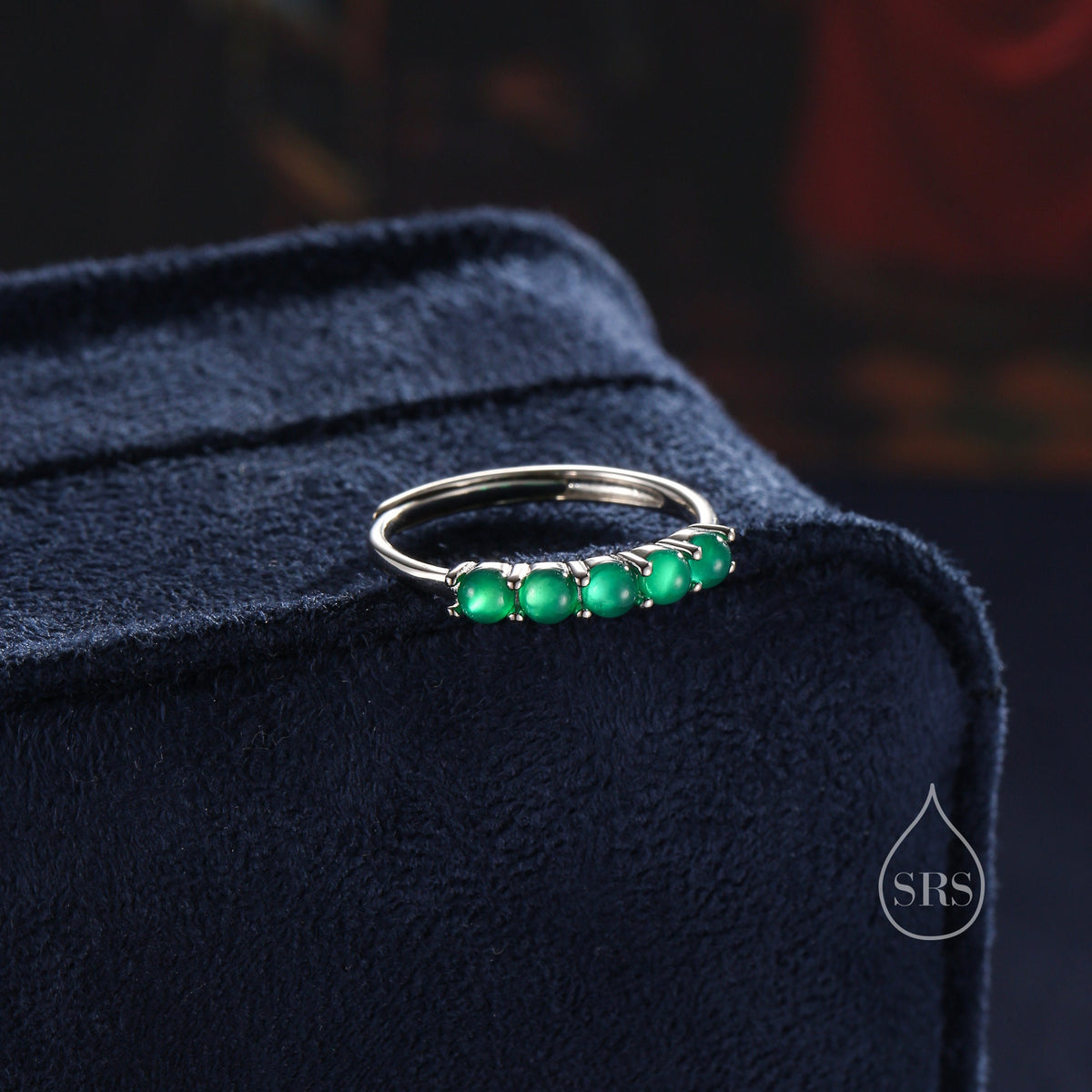 Natural Green Onyx Half Infinity Ring in Sterling Silver, Adjustable Size, Green Onyx Ring, Green Onyx Prong Ring