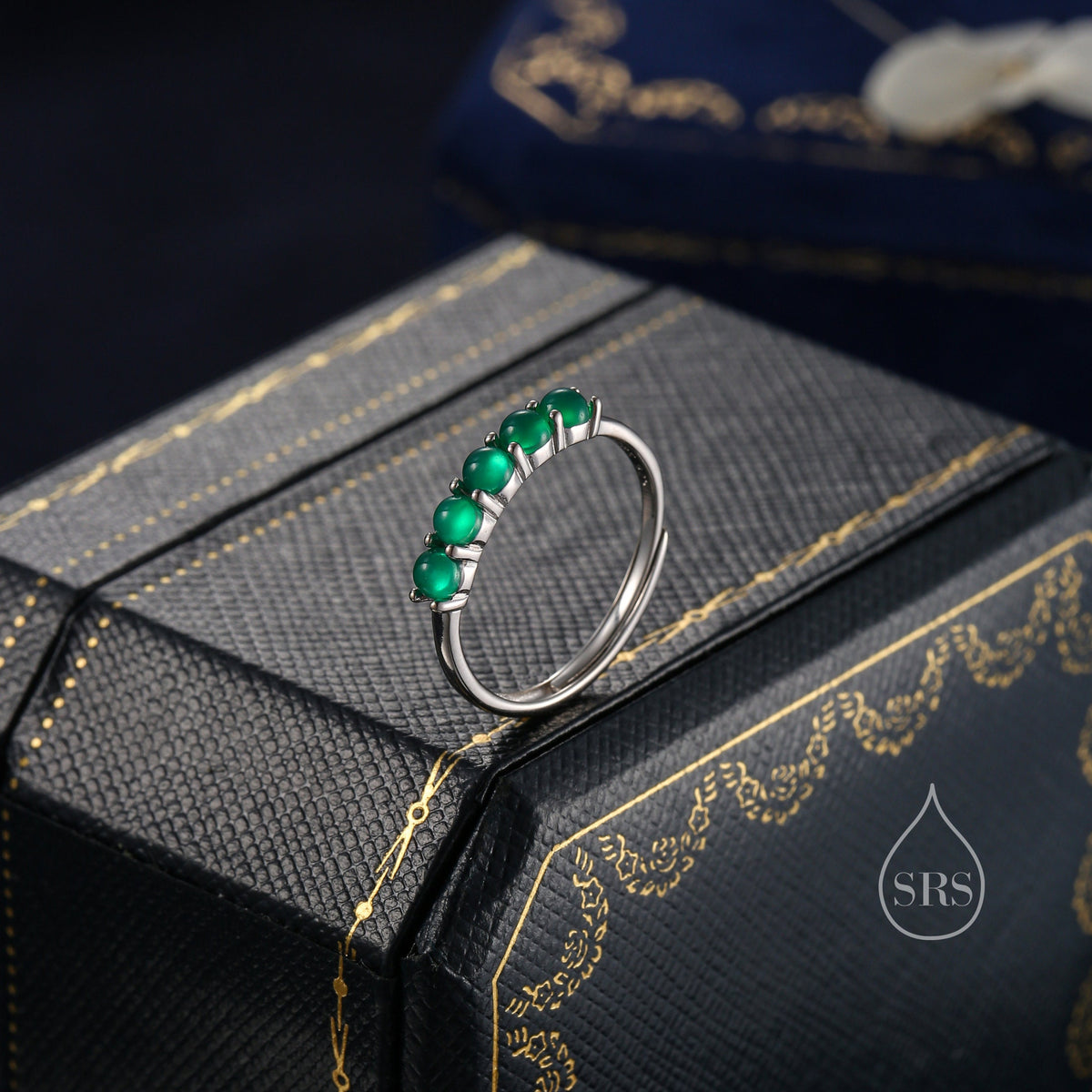 Natural Green Onyx Half Infinity Ring in Sterling Silver, Adjustable Size, Green Onyx Ring, Green Onyx Prong Ring