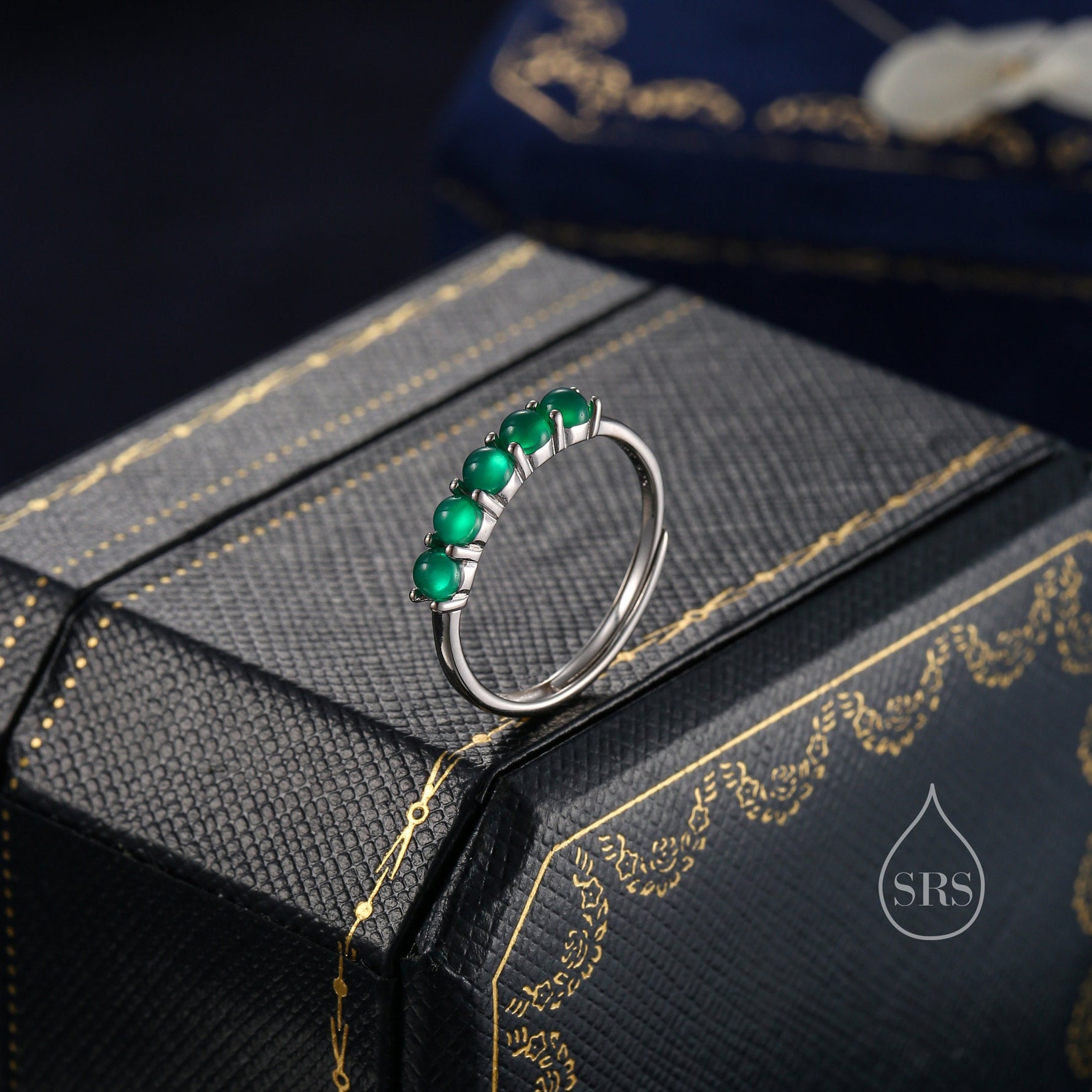 Natural Green Onyx Half Infinity Ring in Sterling Silver, Adjustable Size, Green Onyx Ring, Green Onyx Prong Ring