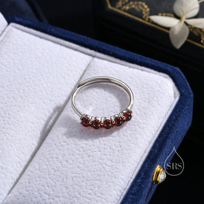 Natural Garnet Half Infinity Ring in Sterling Silver, Adjustable Size, Red Garnet Ring, January Birthstone Ring