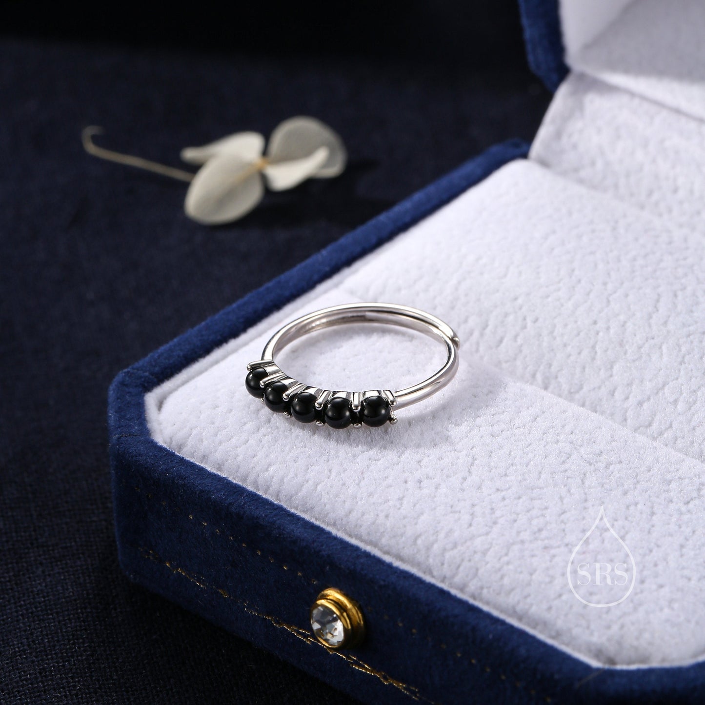 Natural Black Onyx Half Infinity Ring in Sterling Silver, Adjustable Size, Black Onyx Ring