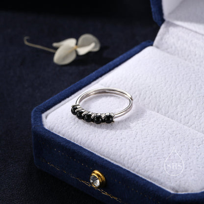 Natural Black Onyx Half Infinity Ring in Sterling Silver, Adjustable Size, Black Onyx Ring