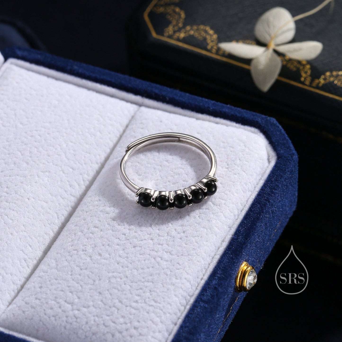 Natural Black Onyx Half Infinity Ring in Sterling Silver, Adjustable Size, Black Onyx Ring