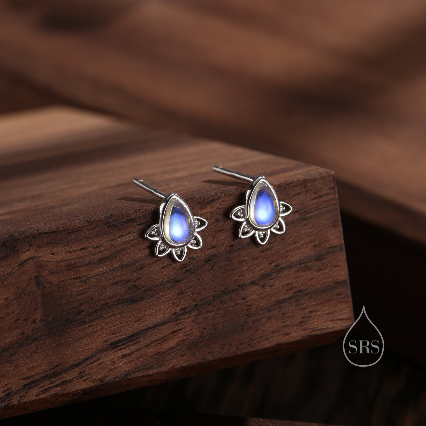 Sterling Silver Droplet Moonstone Crown Stud Earrings, Prong Set, Mermaid Colour Pear Cut Earrings, Simulated Moonstone Glass Earrings