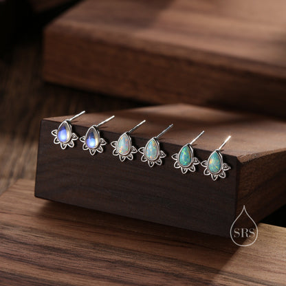 Sterling Silver Droplet Green Opal Crown Stud Earrings, Prong Set, Aqua Blue Opal Pear Cut Earrings, Simulated Fire Opal Earrings