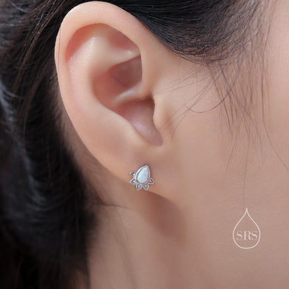 Sterling Silver Droplet Opal Crown Stud Earrings, Prong Set, White Opal Pear Cut Earrings, Simulated Fire Opal Earrings