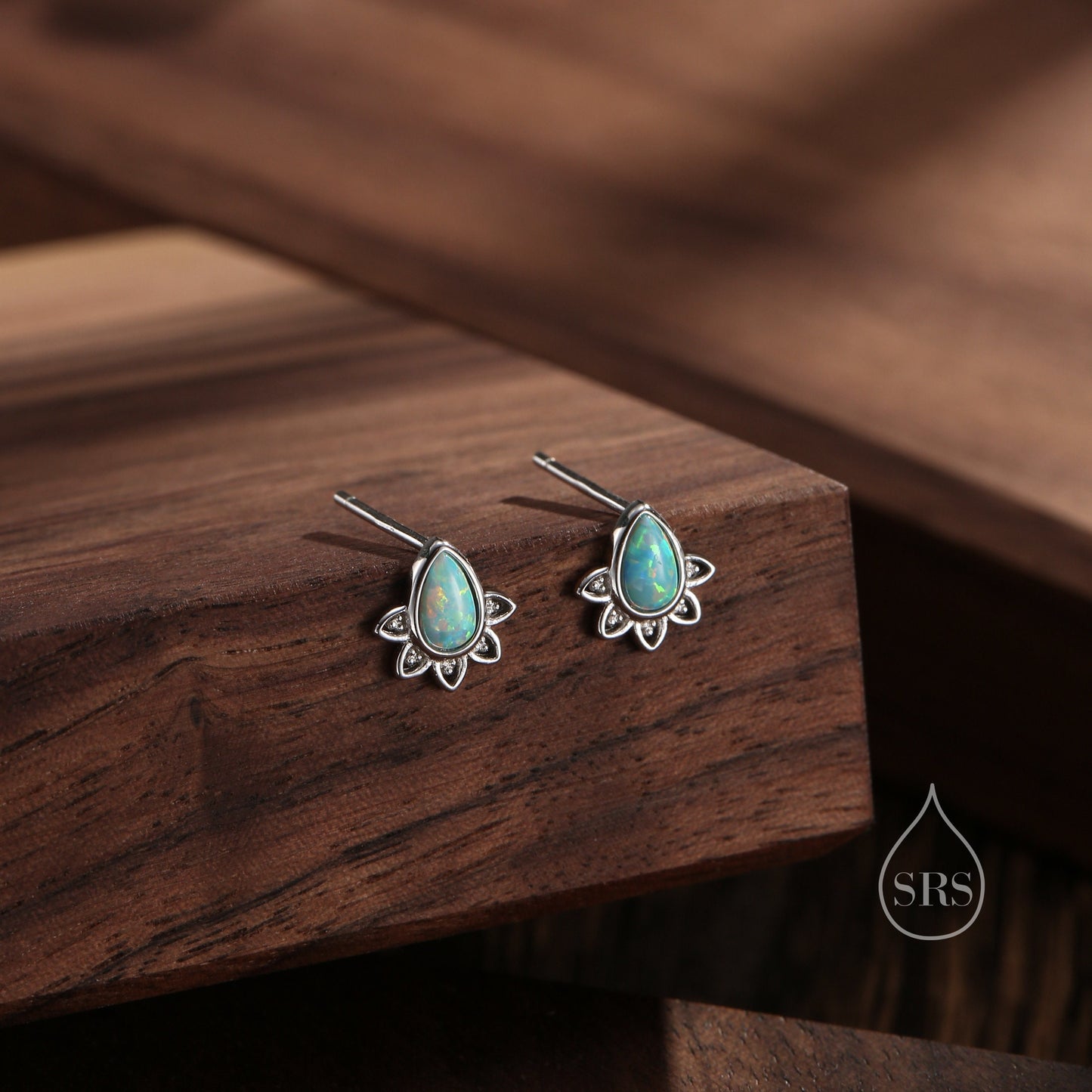 Sterling Silver Droplet Green Opal Crown Stud Earrings, Prong Set, Aqua Blue Opal Pear Cut Earrings, Simulated Fire Opal Earrings