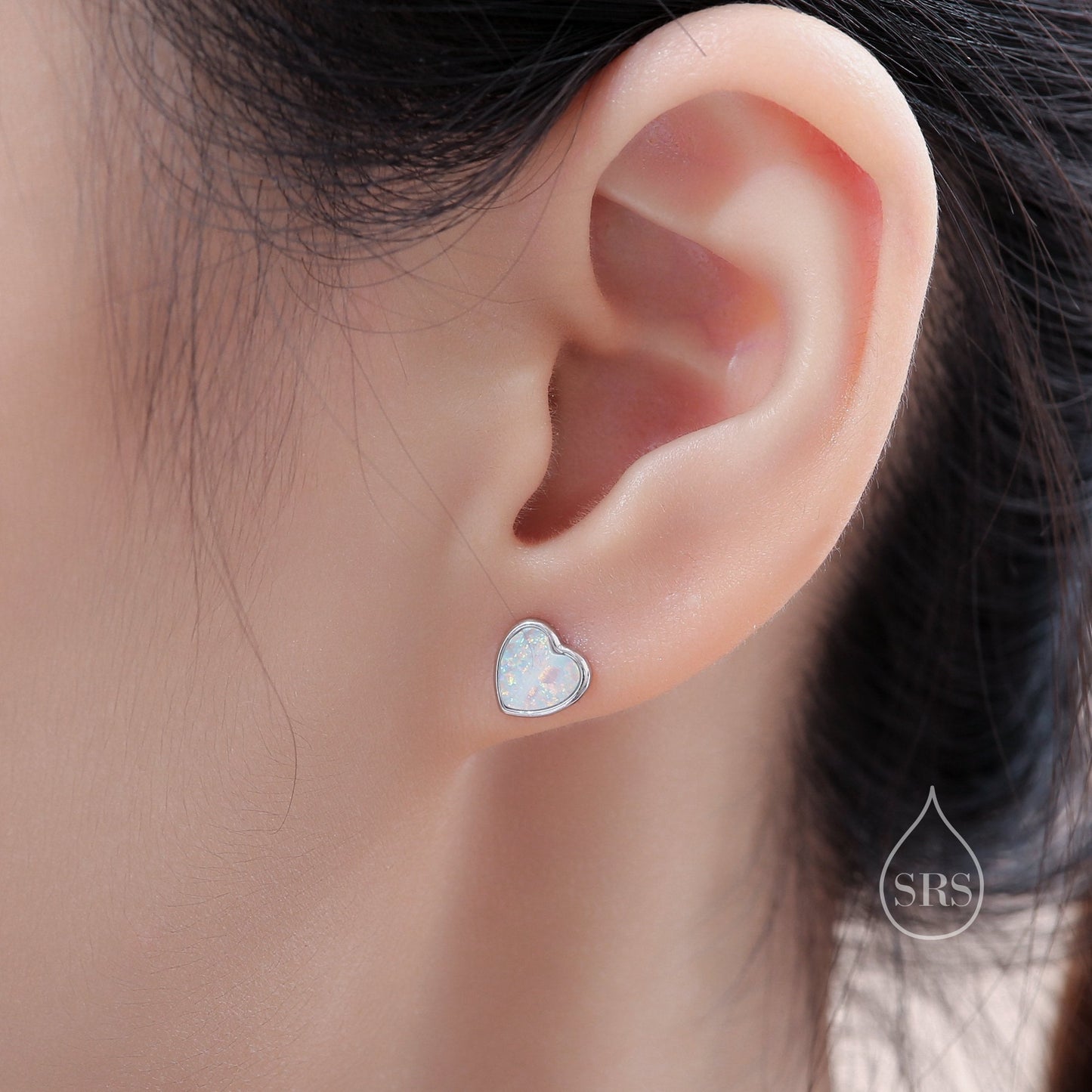 White Opal Heart Stud Earrings in Sterling Silver, Lab Opal Heart Earrings, Silver or Gold or rose gold,  Delicate Fire Opal Heart Earrings