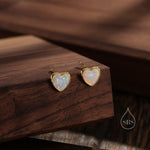 White Opal Heart Stud Earrings in Sterling Silver, Lab Opal Heart Earrings, Silver or Gold or rose gold, Delicate Fire Opal Heart Earrings