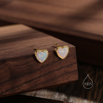 White Opal Heart Stud Earrings in Sterling Silver, Lab Opal Heart Earrings, Silver or Gold or rose gold,  Delicate Fire Opal Heart Earrings