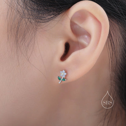 Opal Blue CZ Flower Stud Earrings in Sterling Silver, Silver, Gold or Rose Gold, Delicate CZ Flower Stud Earrings