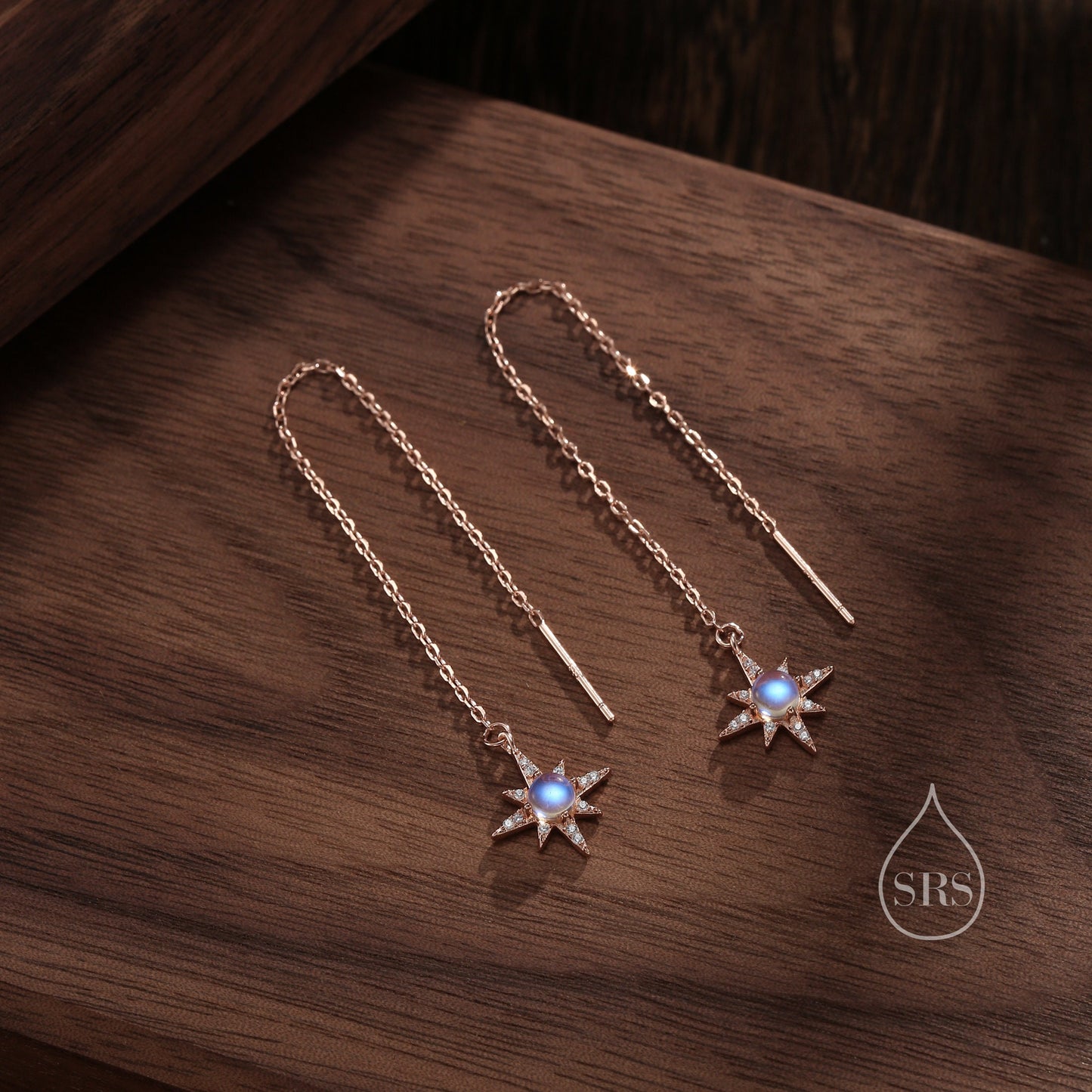 Moonstone and CZ Starburst Threader Earrings in Sterling Silver, Silver or Gold or rose gold , North Star Ear Threaders