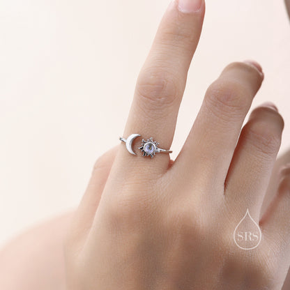 Sterling Silver Moonstone Moon and Sun Ring, Open Ring, Stacking Rings, Simulated Moonstone Ring