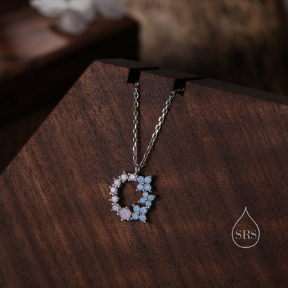 Hydrangea Bouquet Wreath CZ Necklace in Sterling Silver, Silver or Gold, Tiny Opal Blue CZ Flower Necklace, Tiny CZ Necklace