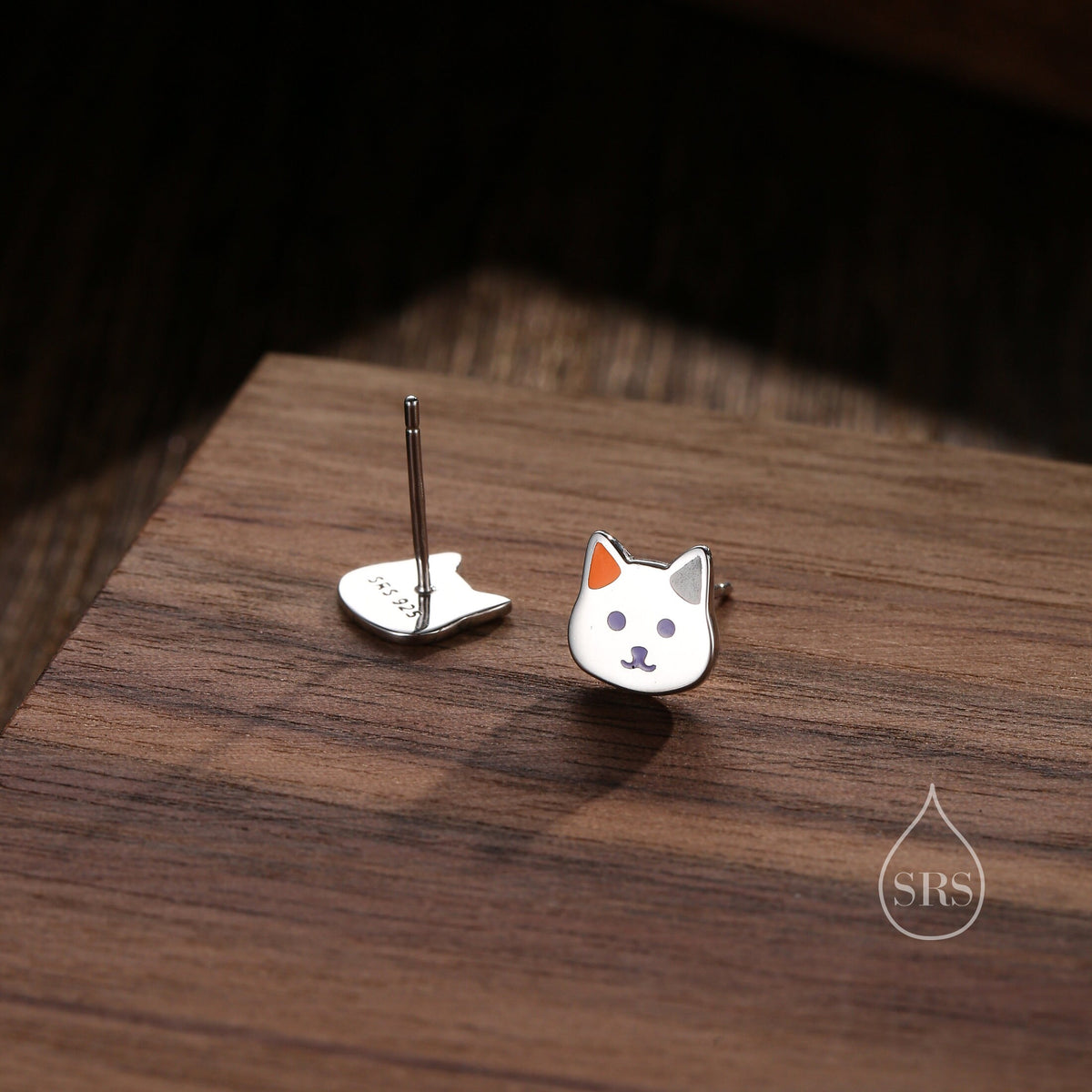 Sterling Silver Calico Cat Enamel Stud Earrings, Silver Cat Earrings, Black and White Cat Earrings, Tiny Cat Stud, Cute Kitty Stud Earrings