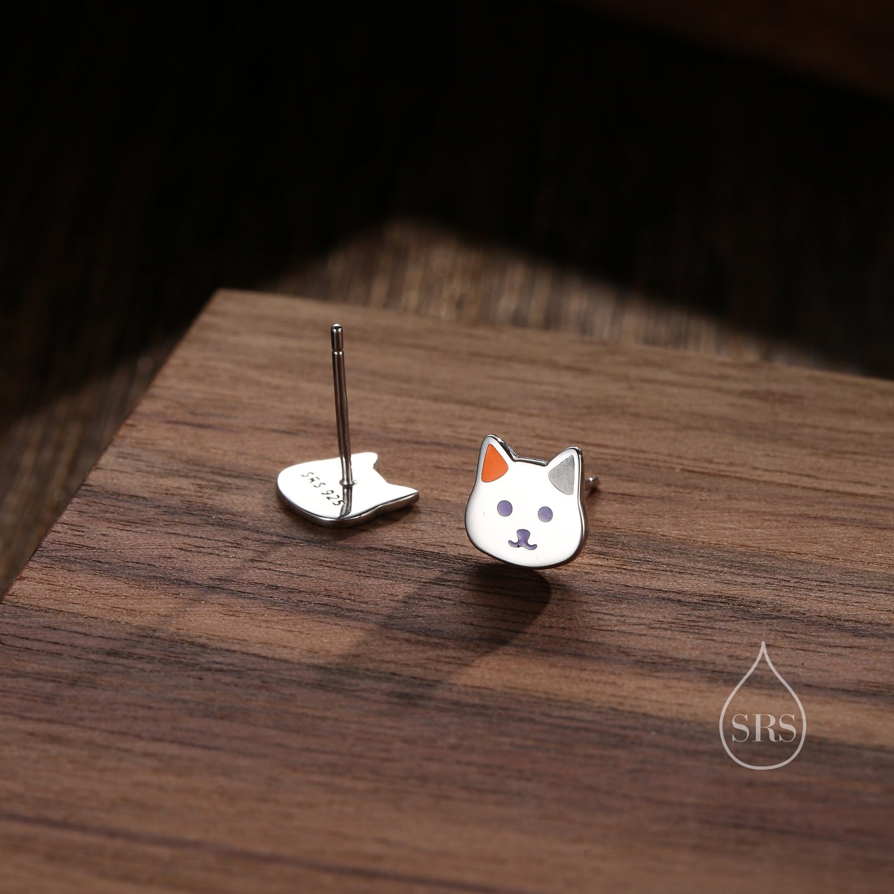Sterling Silver Calico Cat Enamel Stud Earrings, Silver Cat Earrings, Black and White Cat Earrings, Tiny Cat Stud, Cute Kitty Stud Earrings