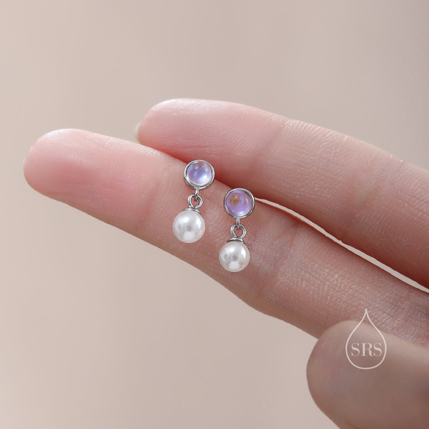 Moonstone and Pearl Dangle Earrings in Sterling Silver, Silver or Gold, Lab Moonstone and Pearl Bezel Earrings