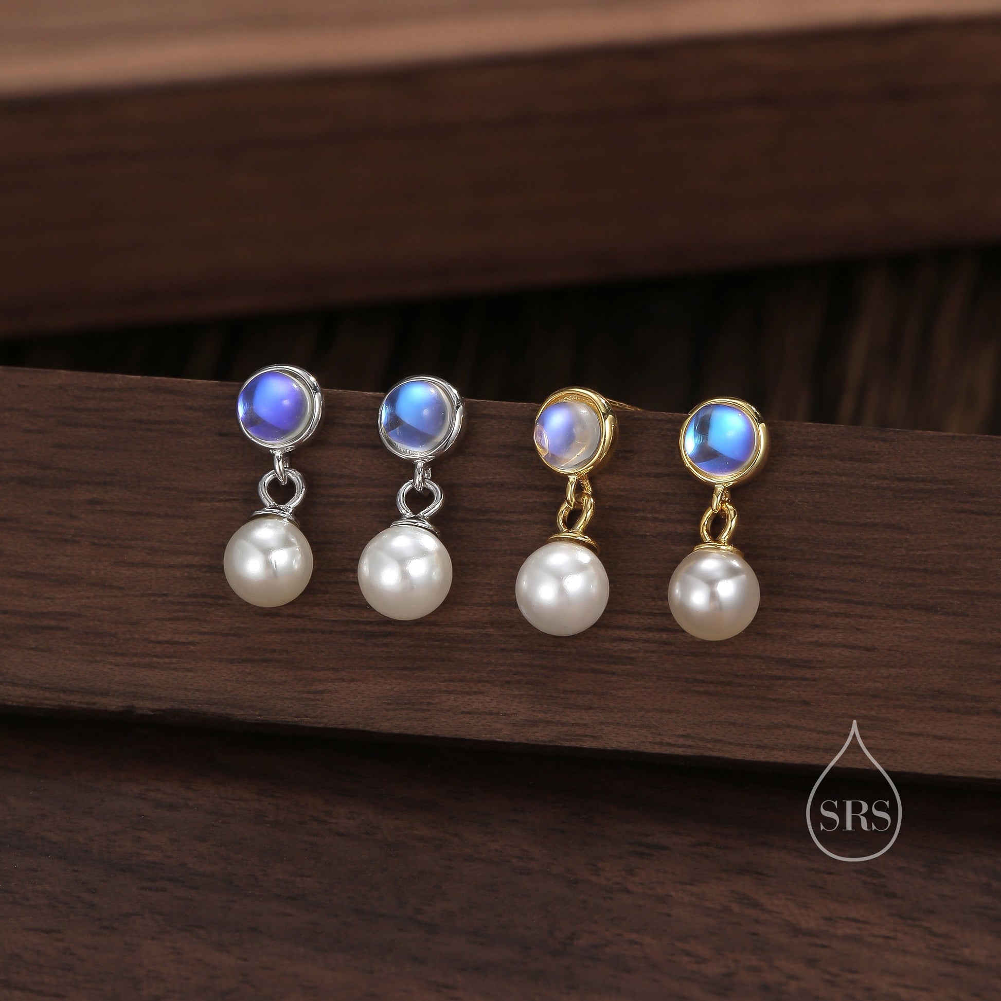Moonstone and Pearl Dangle Earrings in Sterling Silver, Silver or Gold, Lab Moonstone and Pearl Bezel Earrings