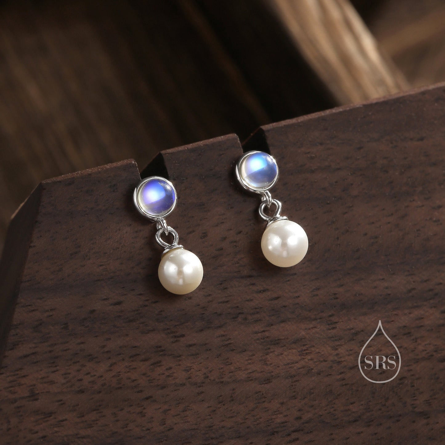 Moonstone and Pearl Dangle Earrings in Sterling Silver, Silver or Gold, Lab Moonstone and Pearl Bezel Earrings