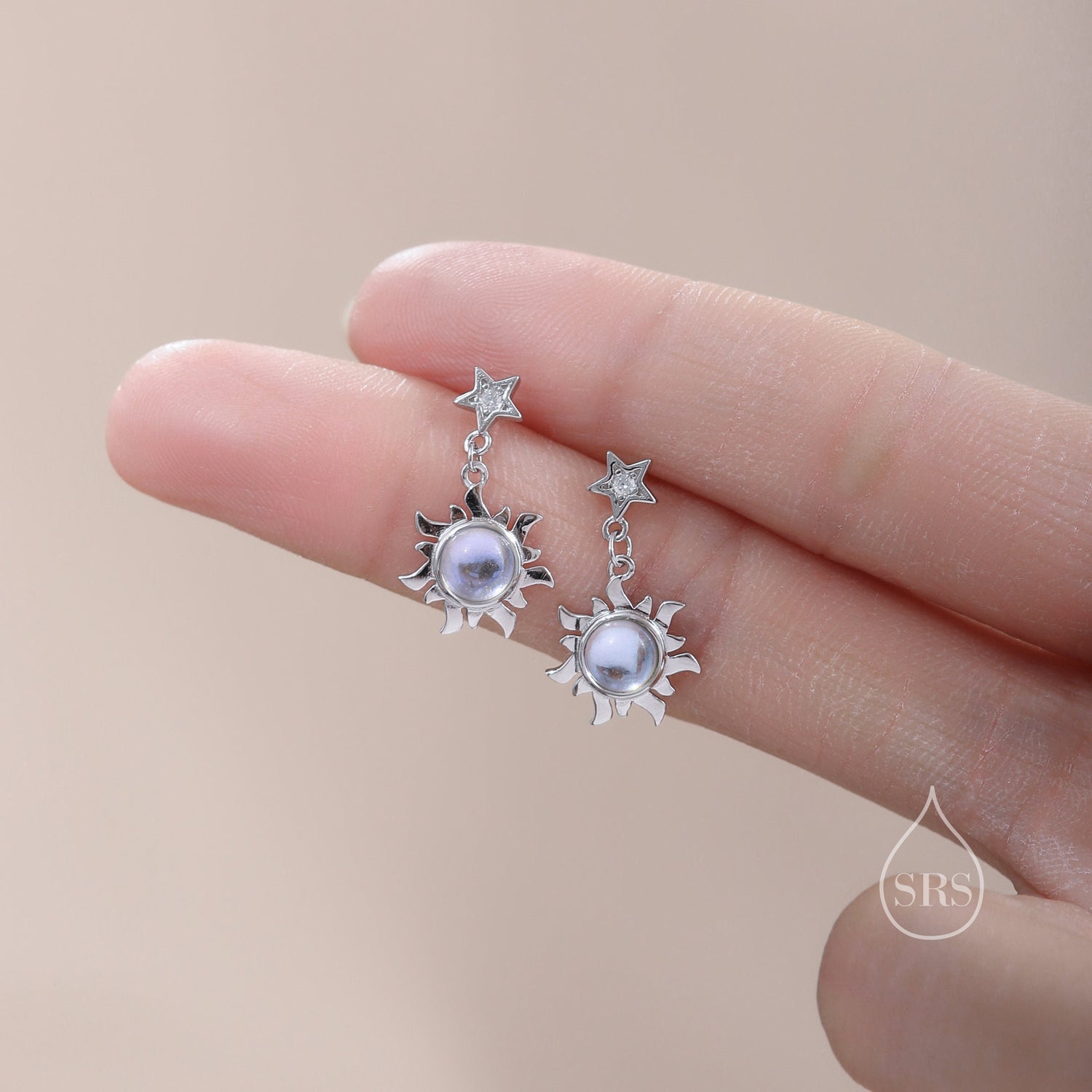 Moonstone Sun and Star Dangle Stud Earrings in Sterling Silver, Silver or Gold, Star and Sun Earrings, Moonstone Earrings, Celestial Earring