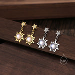 Moonstone Sun and Star Dangle Stud Earrings in Sterling Silver, Silver or Gold, Star and Sun Earrings, Moonstone Earrings, Celestial Earring