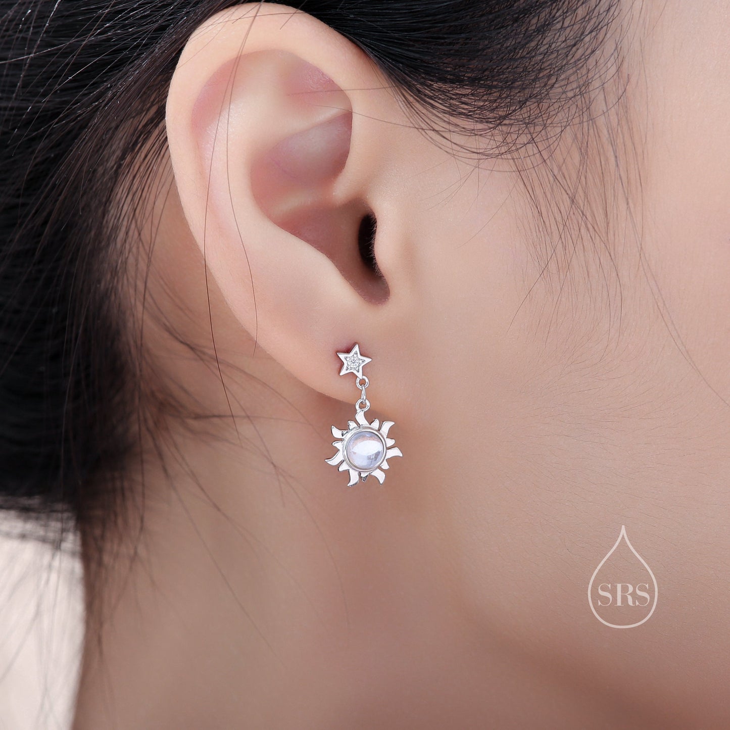 White Opal Sun and Star Dangle Stud Earrings in Sterling Silver, Silver or Gold, Star and Sun Lab Opal Celestial Earring