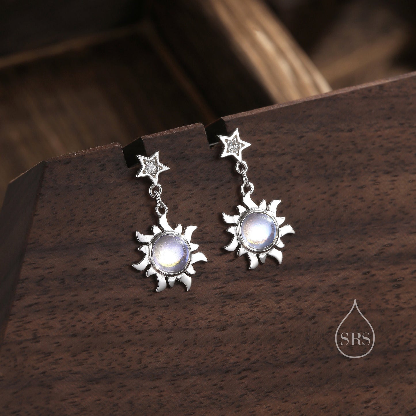 Moonstone Sun and Star Dangle Stud Earrings in Sterling Silver, Silver or Gold, Star and Sun Earrings, Moonstone Earrings, Celestial Earring