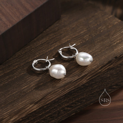 Huggie Hoop Earrings in Sterling Silver with Detachable Baroque Pearl Charms, Plain Hoop Earrings , Two Sizes Available,