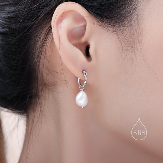 Huggie Hoop Earrings in Sterling Silver with Detachable Baroque Pearl Charms, Plain Hoop Earrings , Two Sizes Available,