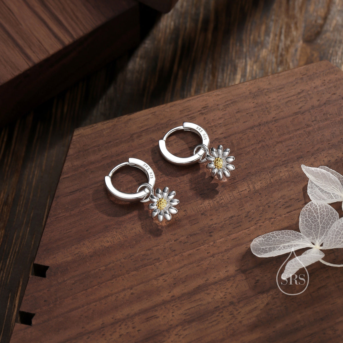 Daisy Flower Charmed Hoop Earrings in Sterling Silver - Cute Flower Blossom Huggie Hoop Earrings - Fun, Whimsical, Detachable Charm Hoops